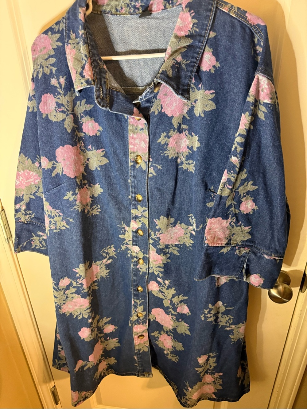 Plus Size 3X Floral Denim Shirt Dress Button Front Dress